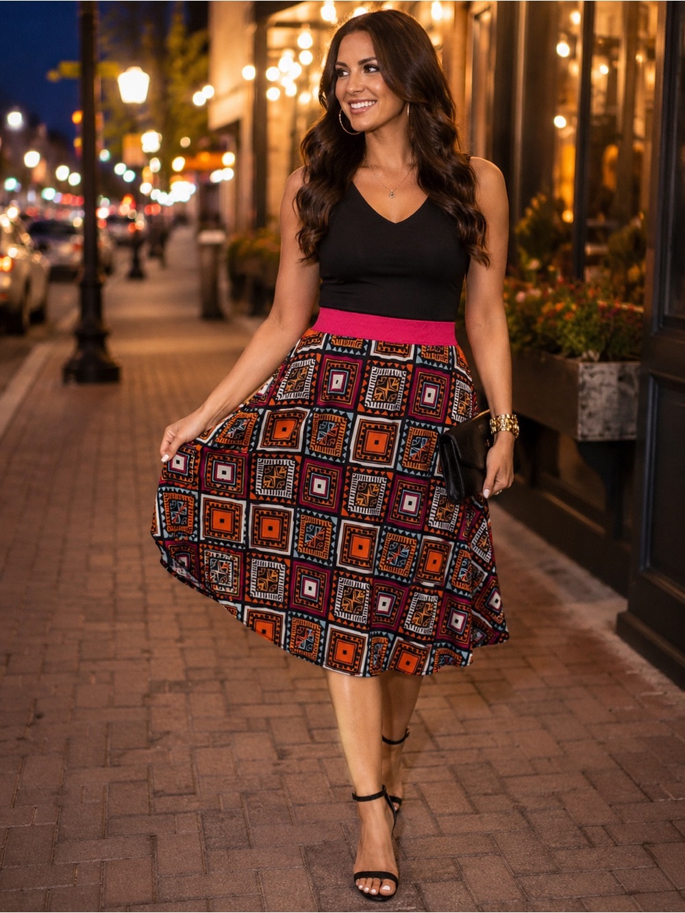 LuLaRoe Lola Skirt XL Geometric Print Orange Pink Black Midi Skirt
